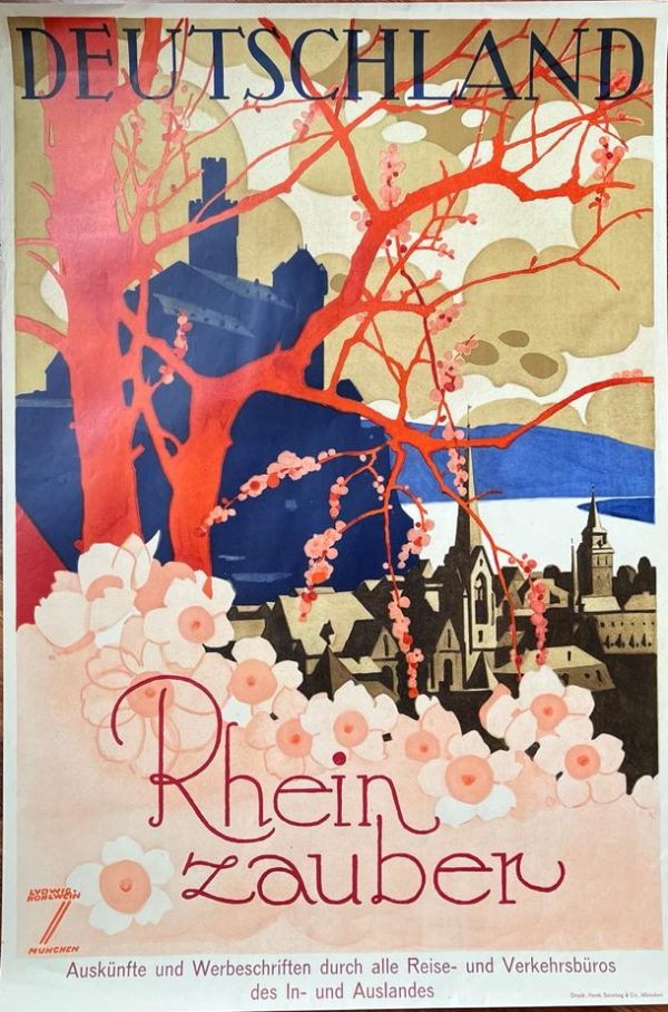 1929, Lithograph, Ludwig Hohlwein, Deutschland Rhein Zauber, Germany, Original Poster