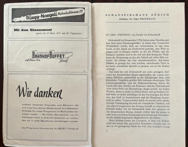 1949, ORIGINAL, SCHAUSPIELHAUS ZÜRICH, Max Lang, Joseph von Eichendorff, DIE FREIER, Program Booklet, Opera, Ballett, Musical, Theatre - Image 3