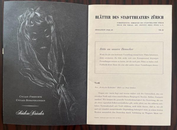 1949, ORIGINAL, Blätter des STADTTHEATERS ZÜRICH, Opera, Program, Booklet,  First Performance of Down in the Valley, KURT WEILL, Ira Malaniuk - Image 3