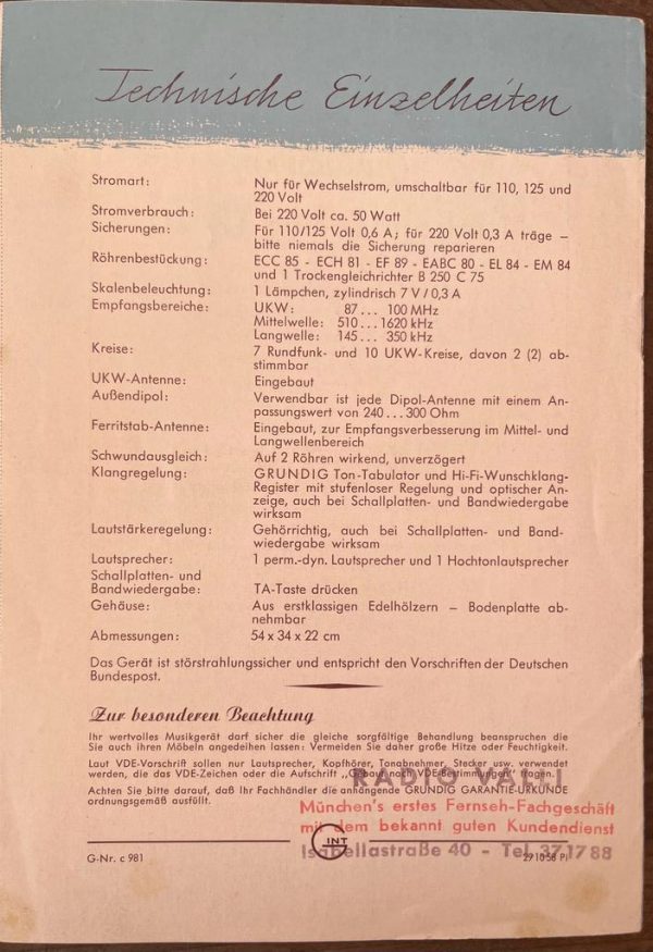 1958-59, GRUNDIG Musikgerät 2097, Bedienungsanleitung, Operation Manual with Guarantee Certificate , German - Image 2