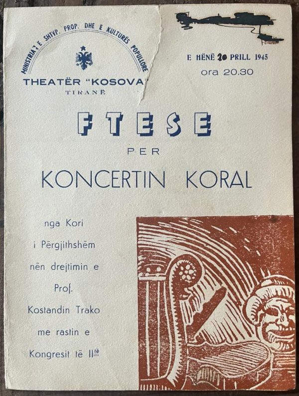 RARE! 1945, WW2, Theater KOSOVA, Tirana, Albania, Performance Program, Invitation, Kostandin Trako