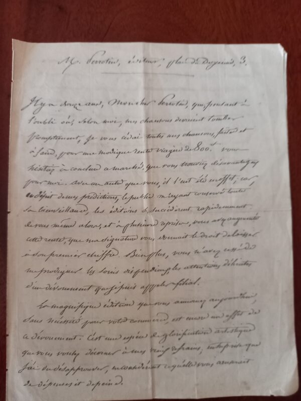 1846, Signed Letter, Pierre-Jean de Beranger, to his Editor Perrotin, Paris - Image 2