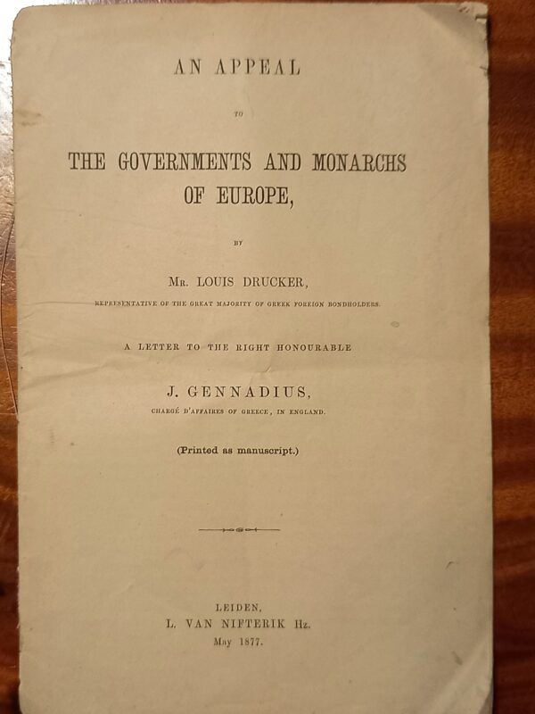 1877, A Letter to Ioannes Gennadius by Louis Drucker, Greece Economic Crisis