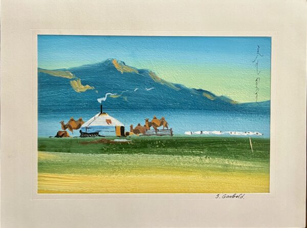 S. Ganbold, Mongolia, Camels Grazing By a Mountain with Yurt, Acrylic Painting