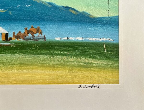 S. Ganbold, Mongolia, Camels Grazing By a Mountain with Yurt, Acrylic Painting - Image 2