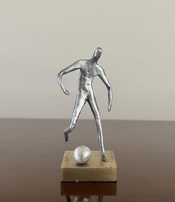 1990's Vintage, The Soccer Player, Handmade Solid 925 Sterling Silver Miniature Figurine Sculpture on Solid Bronze Base