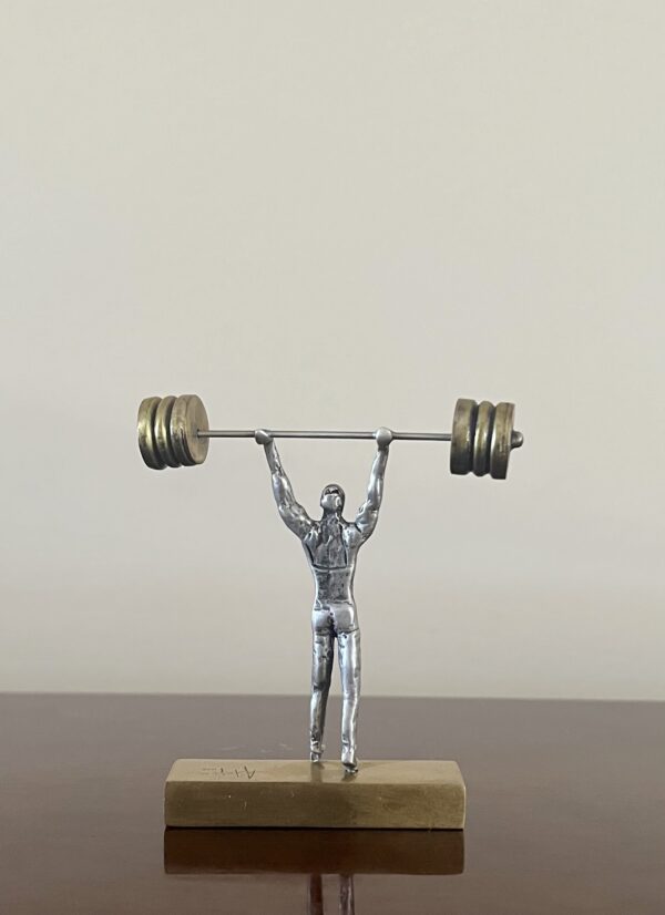 1990's Vintage, The Weightlifter, Handmade, Signed, Solid 925 Sterling Silver Miniature Figurine Sculpture on Solid Bronze Base - Image 2