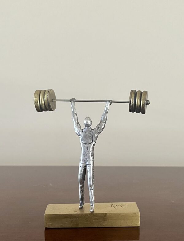 1990's Vintage, The Weightlifter, Handmade, Signed, Solid 925 Sterling Silver Miniature Figurine Sculpture on Solid Bronze Base