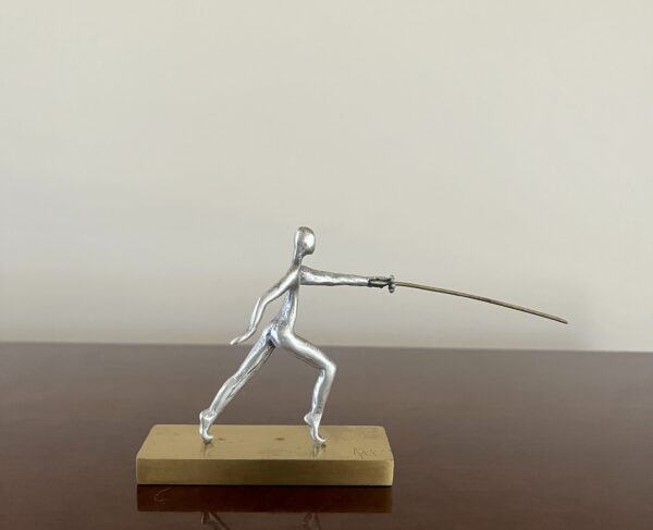 1990's Vintage, The Fencer, Handmade, Signed, Solid 925 Sterling Silver Miniature Figurine Sculpture on Solid Bronze Base