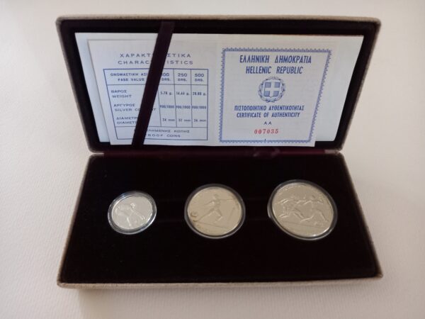 1982, Greece Pan-European Games, 3 PROOF Silver Coins Set, Certification