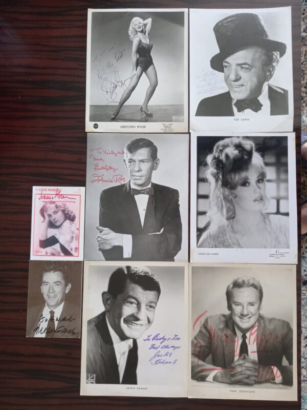 8 Hand Signed Large Autograph Cards, Actors, Gregory Peck, Mamie Van Doren, Johnnie Ray, Jeanne Moreau