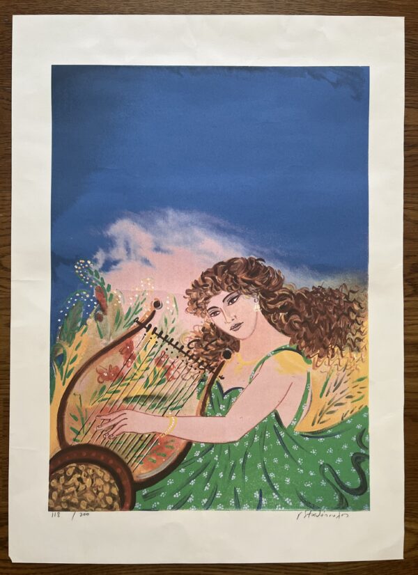 Georgios Stathopoulos, Original Silk Screen Print, Girl with Harp, HAND SIGNED