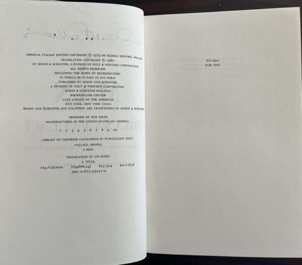 Signed, 1980, Oriana Fallaci, A Man, First American Edition, Alexandros Panagoulis - Image 6