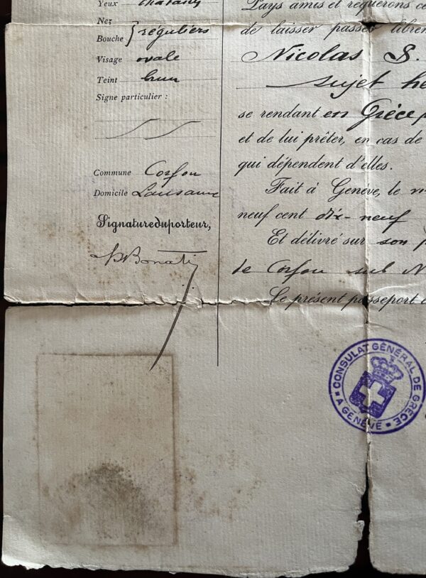 1919, Document, First Class Passport, Kingdom of Greece, Corfu, Bonatis Brothers - Image 6