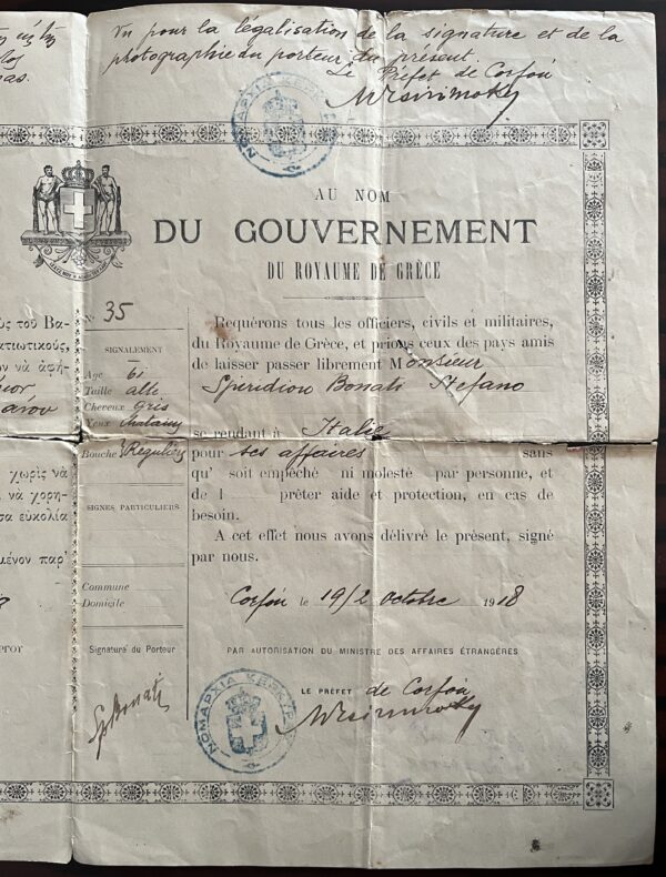 1918, Document, Passport, Kingdom of Greece, Corfu, Bonatis Brothers - Image 10