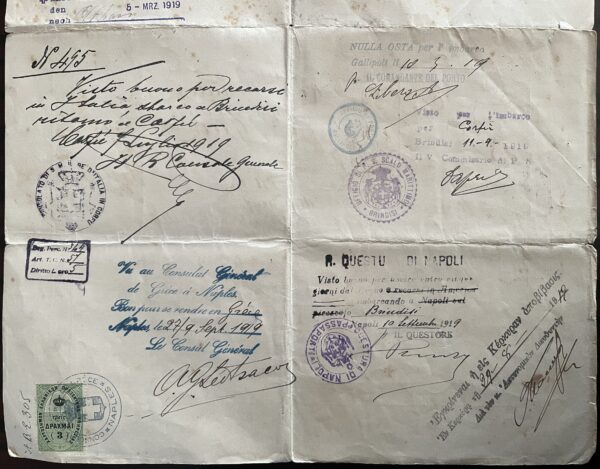 1919, Document, First Class Passport, Kingdom of Greece, Corfu, Bonatis Brothers - Image 9