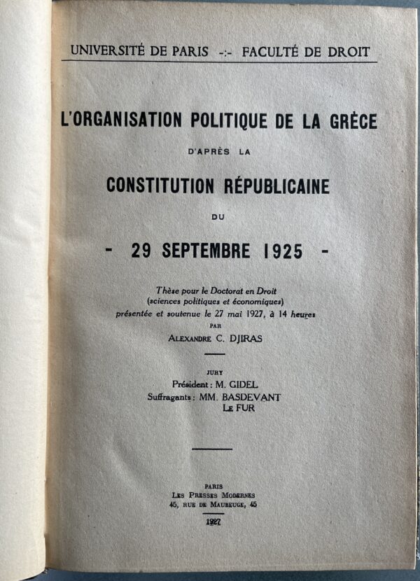 Rare, Signed, 1927, Greece, Alexandre Djiras, Greek Constitution of 1925, First Edition