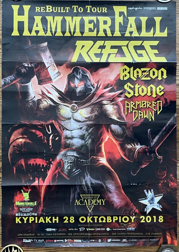 2018, Original Concert Poster, Athens, HammerFall, Refuge, Blazon Stone, Armored Dawn, Power Metal