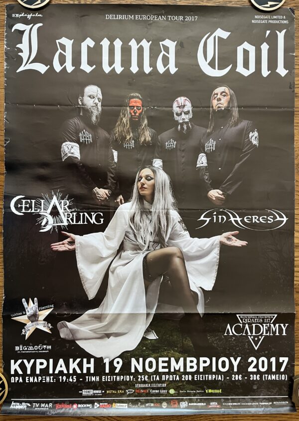 2017, Original Concert Poster, Athens, Lacuna Coil, Cellar Darling, Gothic Metal