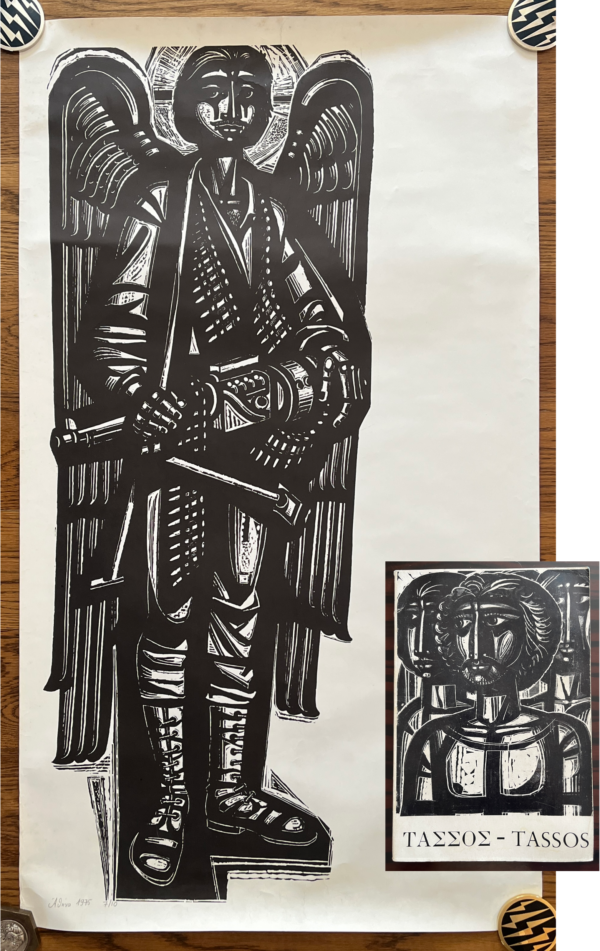 Rare, 1975, Tassos, Poster, Archangel with Machine-Gun A', In Memory of Che Guevara, Exhibition Catalog