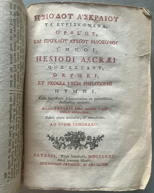 Rare, 1772, Greek-Latin Book, Hesiod's Euriskomena, Orphic & Proclus' Hymns, Padua Printing