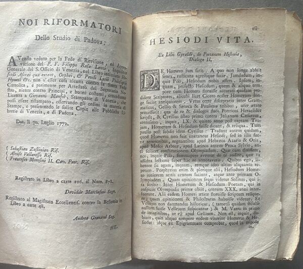 Rare, 1772, Greek-Latin Book, Hesiod's Euriskomena, Orphic & Proclus' Hymns, Padua Printing - Image 5
