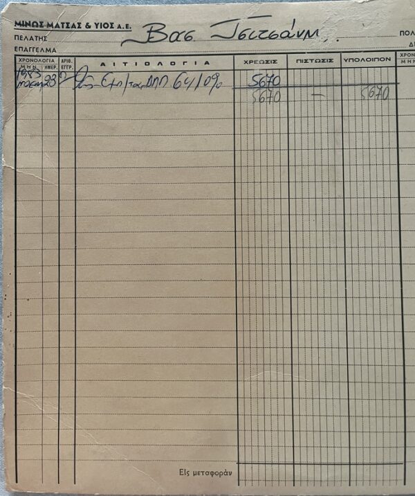 Rare, 1983, Accounting Document, Vassilis Tsitsanis, Greek Rebetiko, Minos Matsas & Son S.A. - Image 3