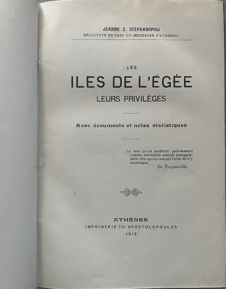 Rare, 1912, Jeanne Z. Stephanopoli, Les îles de l’Égée, First Edition, Samos, Chios, Dodecanese
