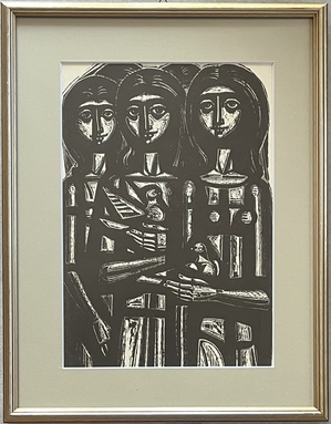 1970s, Original Woodcut Print, Girls with Pigeons, Tassos Alevizos, Framed Greek Modernist Engraving