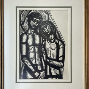 1970s, Tassos Alevizos Original Woodcut Print, Epitaphios Series for Yannis Ritsos, Framed Greek Modernist Engraving Artwork