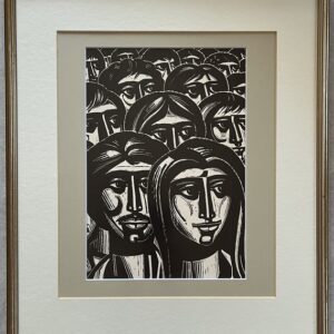 Rare, 1970s, Tassos Alevizos, Greek Modernist Woodcut Print, Framed Crowd Composition
