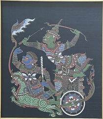 Thai Hand-Painted Silk Painting Depicting a Ramakien Mythological Chariot Scene – Framed - Image 10