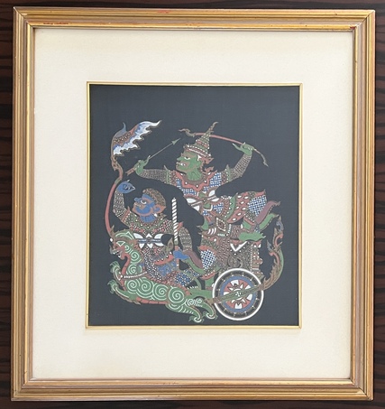 Thai Hand-Painted Silk Painting Depicting a Ramakien Mythological Chariot Scene – Framed - Image 5
