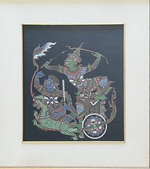 Thai Hand-Painted Silk Painting Depicting a Ramakien Mythological Chariot Scene – Framed - Image 4