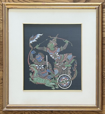 Thai Hand-Painted Silk Painting Depicting a Ramakien Mythological Chariot Scene – Framed