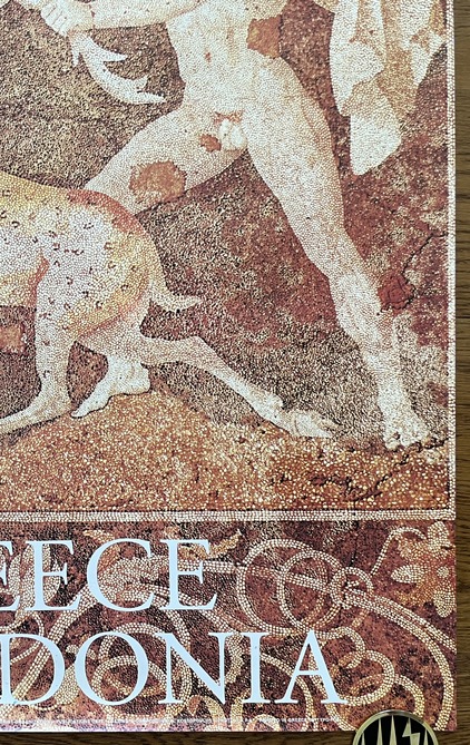 1992, Original Vintage Greece Macedonia Travel Poster, E.O.T. Greek National Tourism Organization, Stag Hunt Mosaic Pella - Image 8