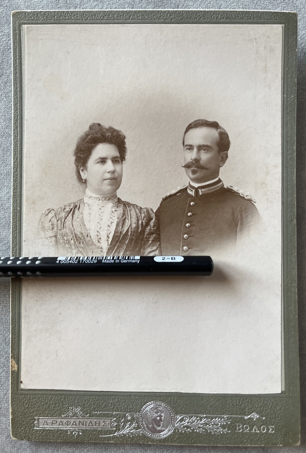 Rare, c. 1900, Identified Cabinet Photograph of Colonel Ioannis Papakyriazis & Wife Ourania, Director of Police of Volos, Kilkis Lachanas